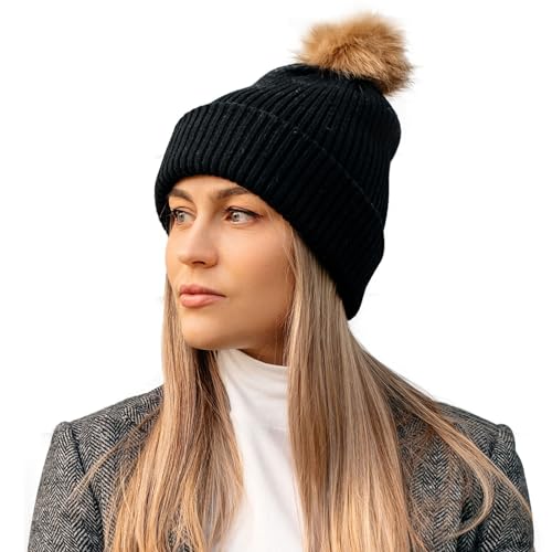 Comhats Kaschmir Mütze Winter warme Strickmütze Wollmütze mit Kaschmir Wintermütze mit Kunstfell Bommel Strick Beanie Damen für Winter Bommelmütze 94588_Schwarz von Comhats