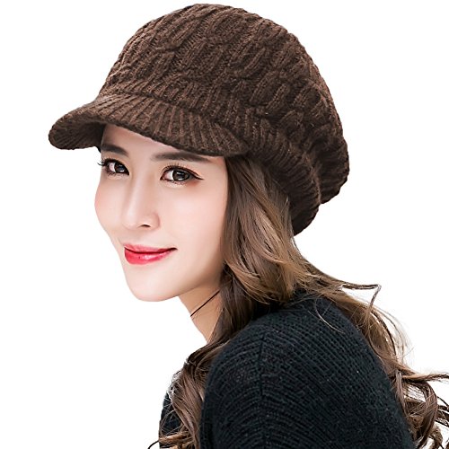 Comhats 50% Wolle Winter Schirmmütze Damen Strickmütze mit Schirm Warme Beanie Skimütze Outdoor Kaffeebraun von Comhats