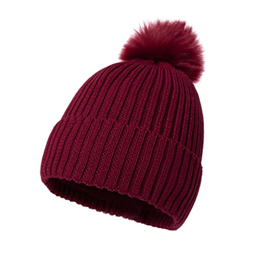 Comhats recyceltes Material Strickmütze mit Bommel Damen Beanie Mütze Wintermütze Bommelmütze Rot von Comhats