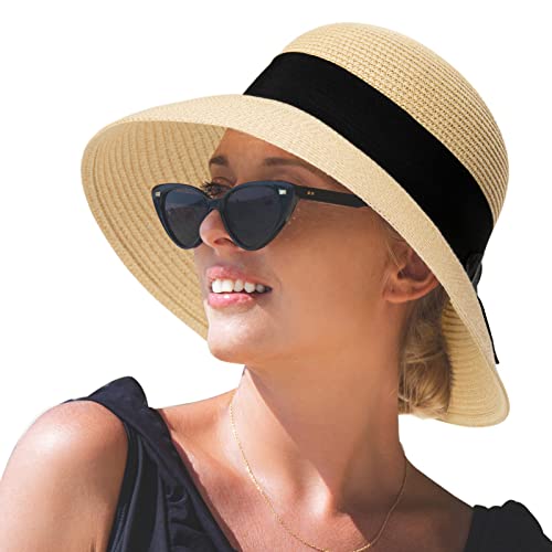 SIGGI Stroh Sommerhut mit Sonnen Shade für Damen schlaffer Strand Sonnenhut Breite Krempe, 69087_Beige, L von Comhats