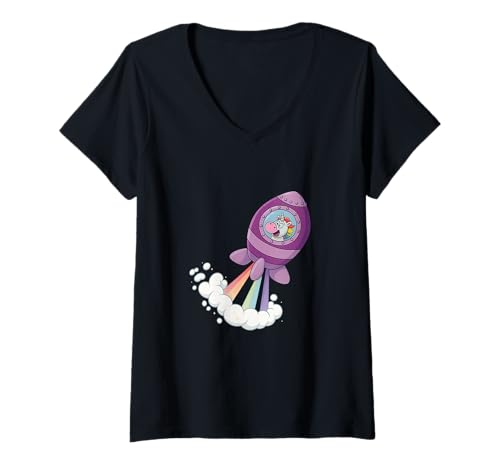 Damen Comic-Einhorn in Einer Rakete T-Shirt mit V-Ausschnitt Damen Comic-Einhorn in Einer Rakete T-Shirt mit V-Ausschnitt von Comic Einhorn Rakete