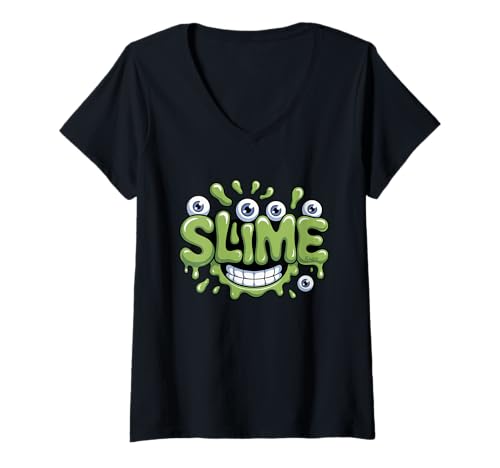 Damen Lustiges Schleim-Monster mit Glubschaugen T-Shirt mit V-Ausschnitt Damen Lustiges Schleim-Monster mit Glubschaugen T-Shirt mit V-Ausschnitt von Comic Schleim Gesicht Spaß Grafik