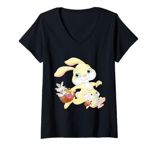 Damen Lustiger Hase mit Vögeln T-Shirt mit V-Ausschnitt von Comic rabbit apparel.