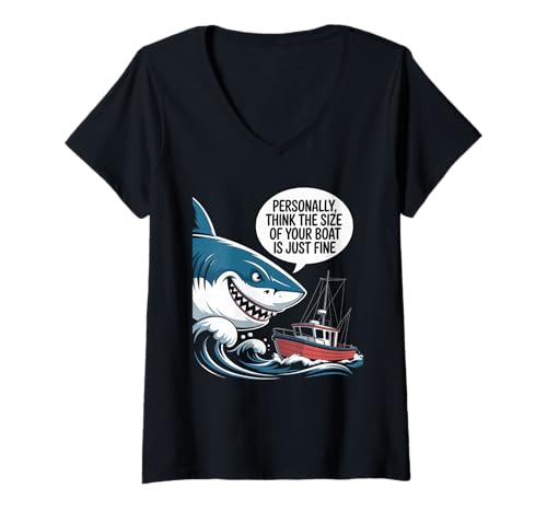 Damen Lustiger Hai Boot Größe Humor Ozean Angeln sarkastisch Spruch T-Shirt mit V-Ausschnitt Damen Lustiger Hai Boot Größe Humor Ozean Angeln sarkastisch Spruch T-Shirt mit V-Ausschnitt von Comical Fisherman Nautical Sea Creature Joke