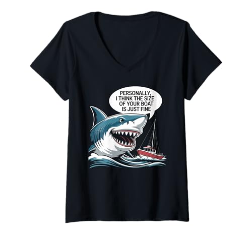 Damen Lustiger Hai Boot Größe Humor Ozean Angeln sarkastisch Spruch T-Shirt mit V-Ausschnitt Damen Lustiger Hai Boot Größe Humor Ozean Angeln sarkastisch Spruch T-Shirt mit V-Ausschnitt von Comical Fisherman Nautical Sea Creature Joke
