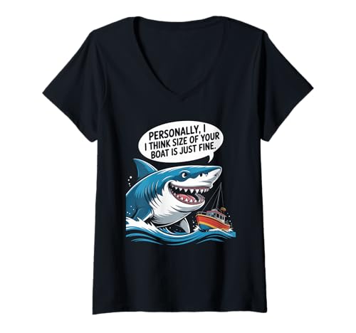 Damen Lustiger Hai Boot Größe Humor Ozean Angeln sarkastisch Spruch T-Shirt mit V-Ausschnitt Damen Lustiger Hai Boot Größe Humor Ozean Angeln sarkastisch Spruch T-Shirt mit V-Ausschnitt von Comical Fisherman Nautical Sea Creature Joke