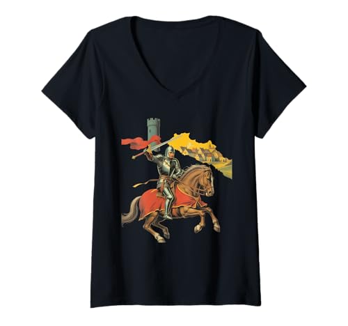 Damen Lustiger Ritter Spruch Sir Ringe Mittelalter Wortspiel Humor Witz Reiter T-Shirt mit V-Ausschnitt von Comical Middle Ages Quote Castle Warrior Horse