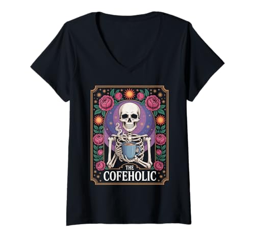 Damen Lustiger Kaffee Spruch Das Cofeholic Skelett Mexiko Männer Frauen T-Shirt mit V-Ausschnitt von Comical Skull Quote Floral Cosmic Caffeine Lover
