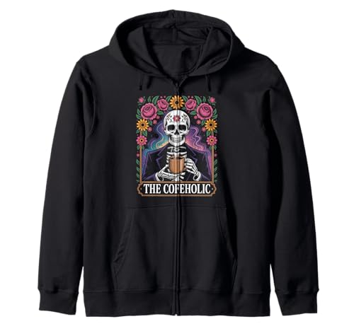Lustiger Kaffee Spruch Das Cofeholic Skelett Mexiko Männer Frauen Kapuzenjacke von Comical Skull Quote Floral Cosmic Caffeine Lover