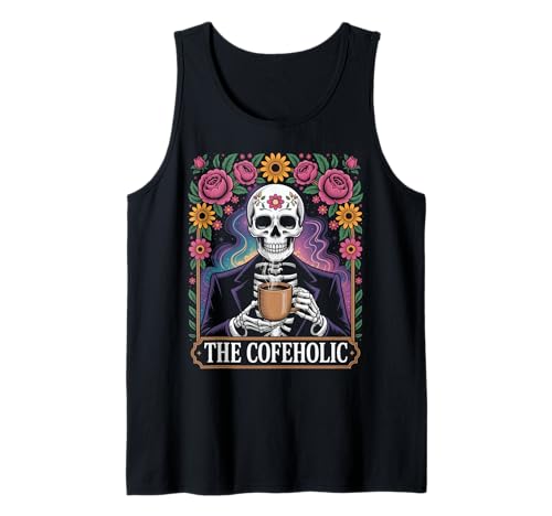 Lustiger Kaffee Spruch Das Cofeholic Skelett Mexiko Männer Frauen Tank Top von Comical Skull Quote Floral Cosmic Caffeine Lover