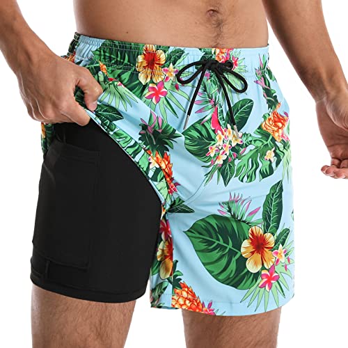 Comilaka Badehose Herren mit Kompression Liner 2 in 1 Männer Sommer Badeshorts Schnelltrocknend Schwimmhose Druck Strandshorts mit Tunnelzug Tasche von Comilaka