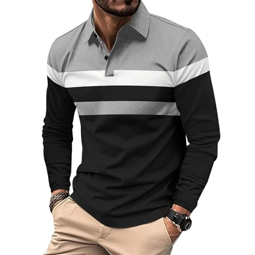 Comilaka Herren Poloshirt Langarm Kontrastfarbe Langarmshirt Casual Polo Tops Knopfleiste Herbst Winter von Comilaka