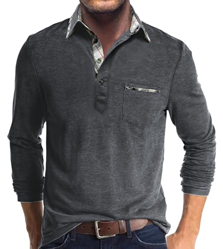 Comilaka Poloshirt Herren Langarm Kontrastfarbe leichtes Langarmshirt mit Tasche Polo Klassisches Herbst Winter von Comilaka