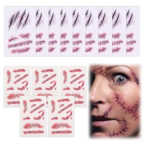 15 Blatt Temporäre Tattoos Halloween Halloween Zombie Scars Wunden Narben Kratzer Genäht Kostüme Zombie Gruselig Blut Horror Ritzen Tattoos Aufkleber mit Gefälschten Scab Blut Spezial Fx Kostüm von Comioke