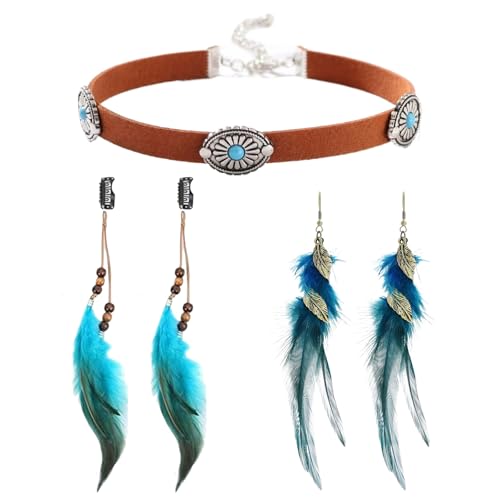 Comioke Boho Stammes-Schmuck, Feder Haarschmuck, Böhmische Fransen Ohrringe, Leder Halskette, Indianer Federn Haarschmuck, Boho Kopfschmuck für Frauen Karneval Cosplay Tribal Kostüm Party (Blau) von Comioke