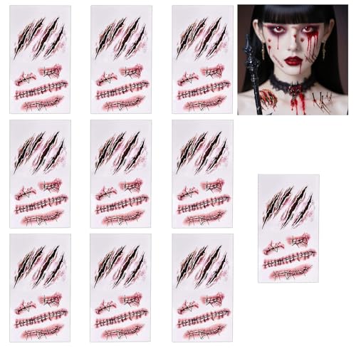 Comioke Halloween Zombie Scars Tattoos, Halloween Tattoo Narben, 10 Blatt Wunden Narben Tattoo, Gefälschten Scab Blut Kratzern Wasserdicht Tattoos für Cosplay Thema Party von Comioke
