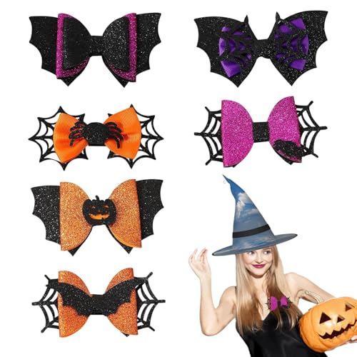 Halloween Haarspangen Für Mädchen Glitzer, Haarschmuck Set Halloween, 6 Stück Haarspangen Set, Niedlich Fledermaus Kürbis Spinnen Haarspange Schleife, Kompakt Haarspange von Comioke