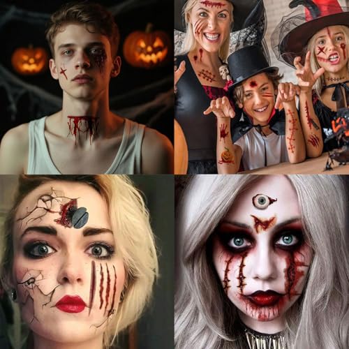 Temporäre Tattoos Halloween Halloween Zombie Scars Wunden Narben Kratzer Genäht Kostüme Zombie Gruselig Blut Horror Ritzen Tattoos Aufkleber mit Gefälschten Scab Blut Spezial Fx Kostüm von Comioke