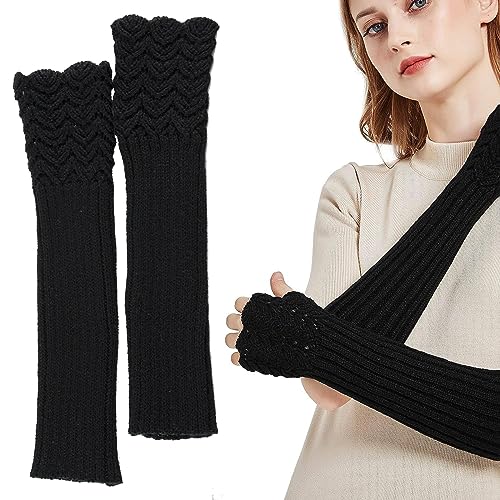 Winter Warmer Strick Lange Handschuhe, Armstulpen Damen Fingerlose Handschuhe, Stricken Wärmer Lange Handschuh, Armwärmer Winter, Daumenloch Fäustling, Lange Fingerlose Handschuhe Winter, Schwarz von Comioke