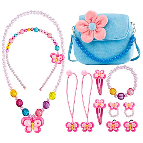 Comius Sharp Kinder Schmuckset, Kinderschmuck Kleine Mädchen Plüsch-Handtasche, mit Halskette Armband Ring und Ohrring Schmuckset, Prinzessinnen-Design, modisch,Blumenmuster, Handtasche (blau) von Comius Sharp