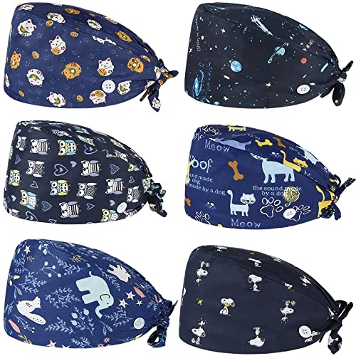 Comius Sharp 6 Stücke Verstellbare Arbeitskappen, Op Haube Stoff, Baumwolle Krankenschwester Haube mit Knöpfen, Schrubben Kappe mit Schweißband für Frauen und Männer Körperpflege Bedarf von Comius Sharp