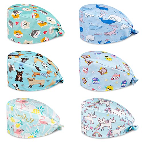Comius Sharp 6 Stück Schrubben Kappe, Verstellbare Baumwolle Haube Kopfbedeckung Turban Kappe Bedruckte Sanft Kappen Unisex, Haarabdeckung mit Schweißband für Frauen Männer (B) von Comius Sharp