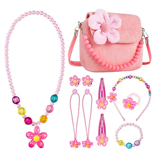 Comius Sharp Kinder Schmuckset, Kinderschmuck Kleine Mädchen Plüsch-Handtasche, mit Halskette Armband Ring und Ohrring Schmuckset, Prinzessinnen-Design, modisch,Blumenmuster, Handtasche (pink) von Comius Sharp