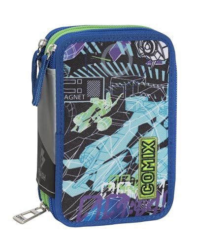 Comix Flash - Schüleretui mit 3 Fächern für Kinder und Mädchen, mit komplettem Schreibwarenset, 5 Namensetiketten und praktischen Reißverschlüssen, 13 x 20 x 7 cm, Lost Space, blau, Casual von COMIX