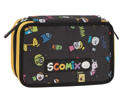 Comix Scomix by Sio - Schüleretui, Federmäppchen mit 3 Fächern für Kinder und Mädchen, mit komplettem Schreibwarenset, 5 Namensetiketten und praktischen Reißverschlüssen, 20 x 13 x 7 cm, gelb von COMIX