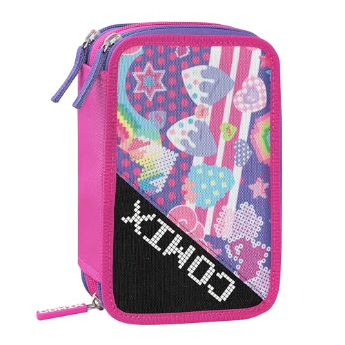 Comix Ultra Bright Federmäppchen mit 3 Fächern für Jungen und Mädchen, mit Schreibwarenset, inklusive radierbarem Stift in Blau und Rot, und vieles mehr, praktischer Reißverschluss, 20 x 13 x 7 cm, von COMIX