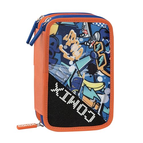 Comix Ultra Bright Federmäppchen mit 3 Fächern für Jungen und Mädchen, mit Schreibwarenset, inklusive radierbarem Stift in Blau und Rot, und vieles mehr, praktischer Reißverschluss, 20 x 13 x 7 cm, von COMIX