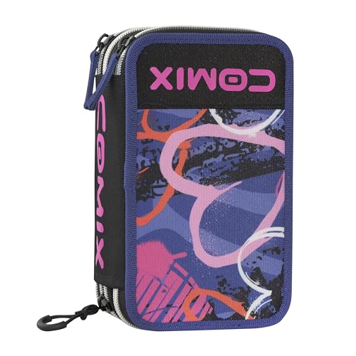 COMIX WBS – Federmäppchen für die Schule, 3 Fächer für Kinder, mit Schreibwarenset, Hartschale mit Maxi-Logo und Reißverschluss aus Metall, 20 x 13 x 7 cm, Sprayheart, violett, Casual von COMIX