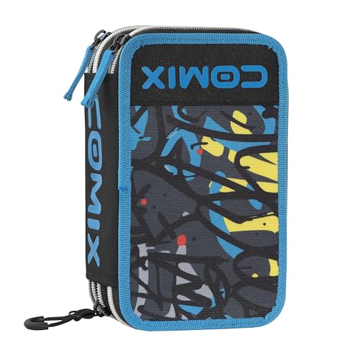 Comix WBS Federmäppchen mit 3 Fächern für Kinder, mit Schreibwarenset, Hartschalenhülle mit geprägtem Maxi-Logo und Reißverschluss aus Metall, Schwarz/Blau, Federmäppchen mit 3 Reißverschlüssen von COMIX