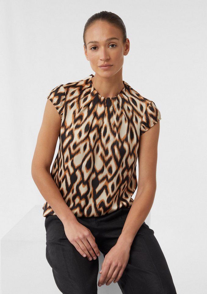 comma Kurzarmbluse Bluse Gemusterte Satin-Bluse mit Raffung von comma