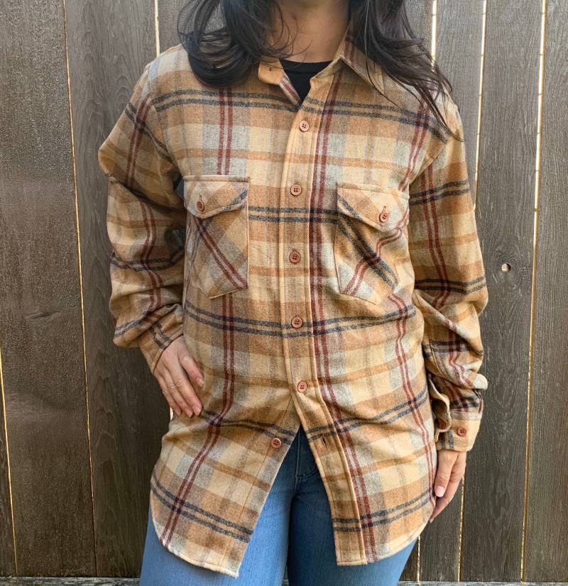 Lucien Piccard Wollmischung Tan Blau Burgundy Karo Button Up Shirt Herren Klein von CommonThreadClothing