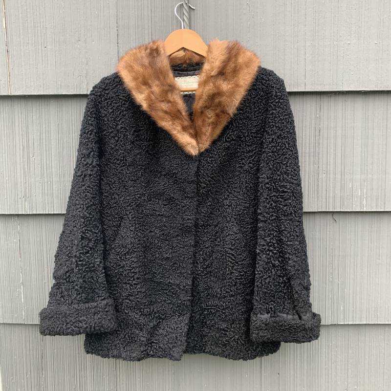 Mach Pachman Furrier Vintage Schwarz Lamm Wolle Und Nerz Mantel Jacke Damen Medium Groß von CommonThreadClothing