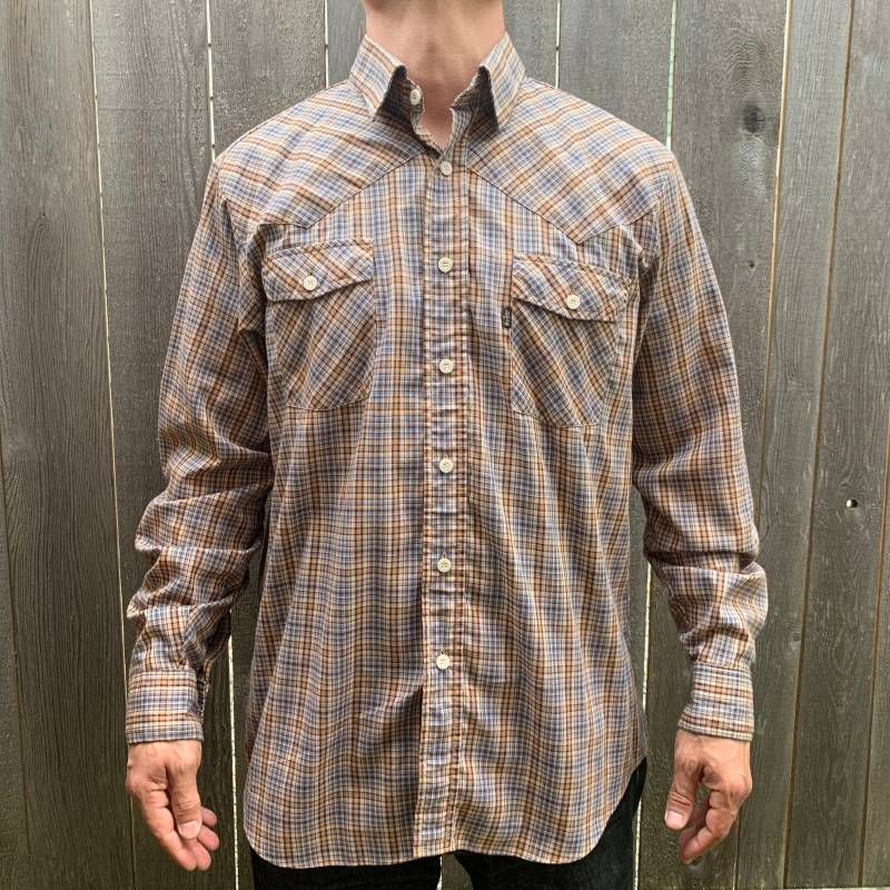 Vintage Levi Es Jeans Braun Kariert Knopf Unten Cowboy Cut Baumwollmischung Shirt Herren Xlarge von CommonThreadClothing