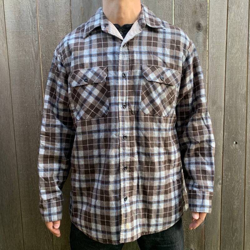 Vintage Sears Braun Tan Karierten Flanell Baumwolle Blend Button Up Shirt Herren Größe Xl von CommonThreadClothing