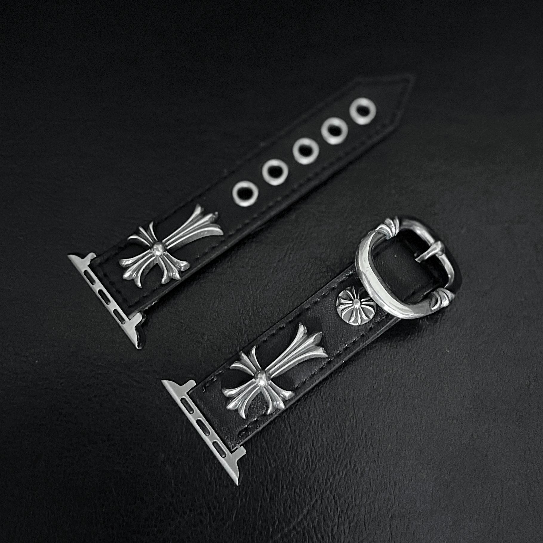 Ch Style Leder Apple Uhrenarmband, Floral Kreuz Silber Watch Armband, Vintage Chrome Uhrenarmband Gothic, Einzigartiges Geschenk Für Sie & Ihn von ComoAtelier