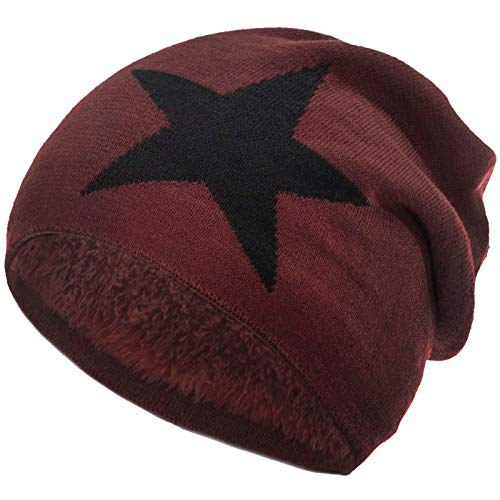 Compagno gefütterte Mütze Damen Herren Wintermütze Beanie Haube mit Stern one-Size, Farbe:Dunkelrot von Compagno