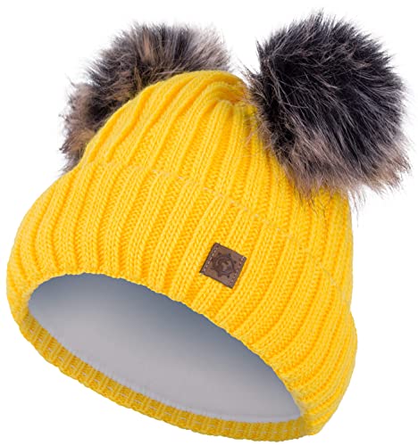 Compagno Kindermütze Bommelmütze Wintermütze Beanie Strickmütze Mädchen Grobstrick 91, Farbe:Gelb von Compagno