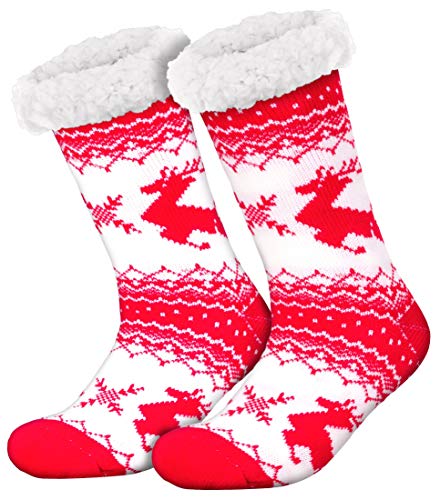 Compagno Kuschelsocken Rentier mit ABS Anti Rutsch Sohle Wintersocken Damen Herren Socken 1 Paar Einheitsgröße, Farbe:Rot von Compagno