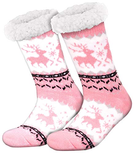 Compagno Kuschelsocken Rentiere mit ABS Anti Rutsch Sohle Wintersocken Damen Herren Socken 1 Paar Einheitsgröße, Farbe:Rosa von Compagno