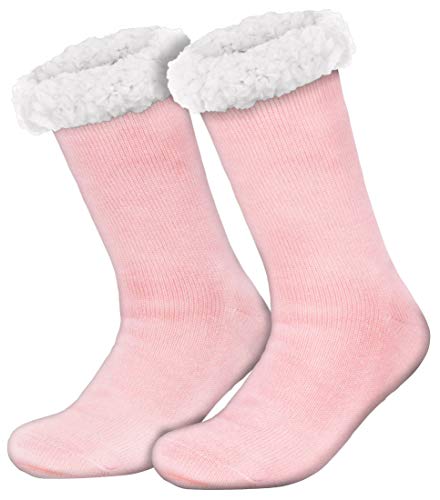 Compagno Kuschelsocken Unifarben mit ABS Anti Rutsch Sohle Wintersocken Damen Herren Socken 1 Paar Einheitsgröße, Farbe:Rosa von Compagno