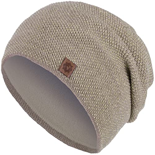 Compagno Mütze Damen Winter Beanie Wintermütze Strickmütze Metallic-Garn gefüttert Winter Fleece Futter 96, Farbe:Hellbraun von Compagno