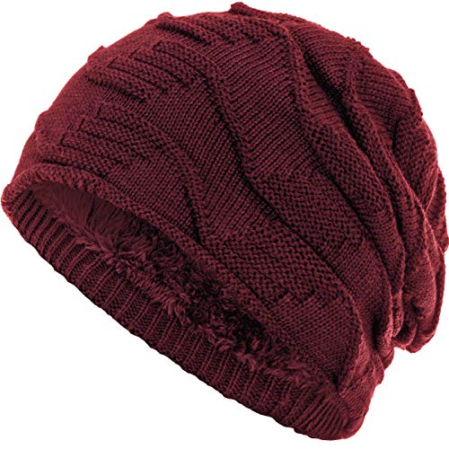 Compagno Mütze warm gefütterte Wintermütze Elegantes Strickmuster Beanie Einheitsgröße, Farbe:Dunkelrot von Compagno