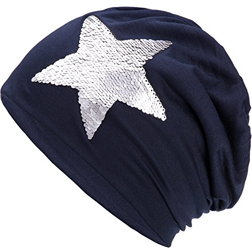 Compagno Slouch Beanie mit Pailletten aus atmungsaktivem, feinem und leichten Jersey Unisex Damen Mütze Haube Boho Bini Mädchen Einheitsgröße, Farbe:Marineblau von Compagno