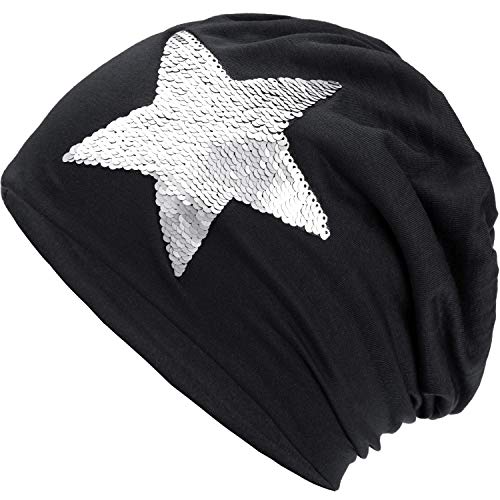 Compagno Slouch Beanie mit Pailletten aus atmungsaktivem, feinem und leichten Jersey Unisex Damen Mütze Haube Boho Bini Mädchen Einheitsgröße, Farbe:Schwarz von Compagno