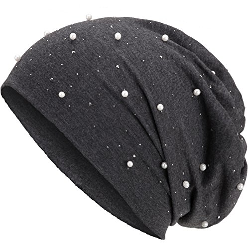 Compagno Slouch Beanie mit Perlen aus atmungsaktivem, feinem und leichten Jersey Unisex Damen Mütze Haube Boho Bini Mädchen Einheitsgröße, Farbe:Grau von Compagno