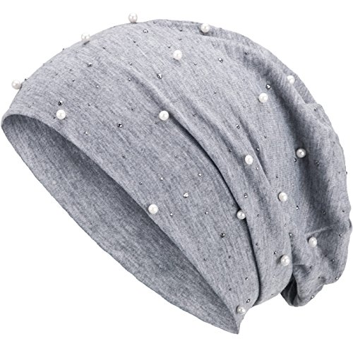 Compagno Slouch Beanie mit Perlen aus atmungsaktivem, feinem und leichten Jersey Unisex Damen Mütze Haube Boho Bini Mädchen Einheitsgröße, Farbe:Hellgrau von Compagno